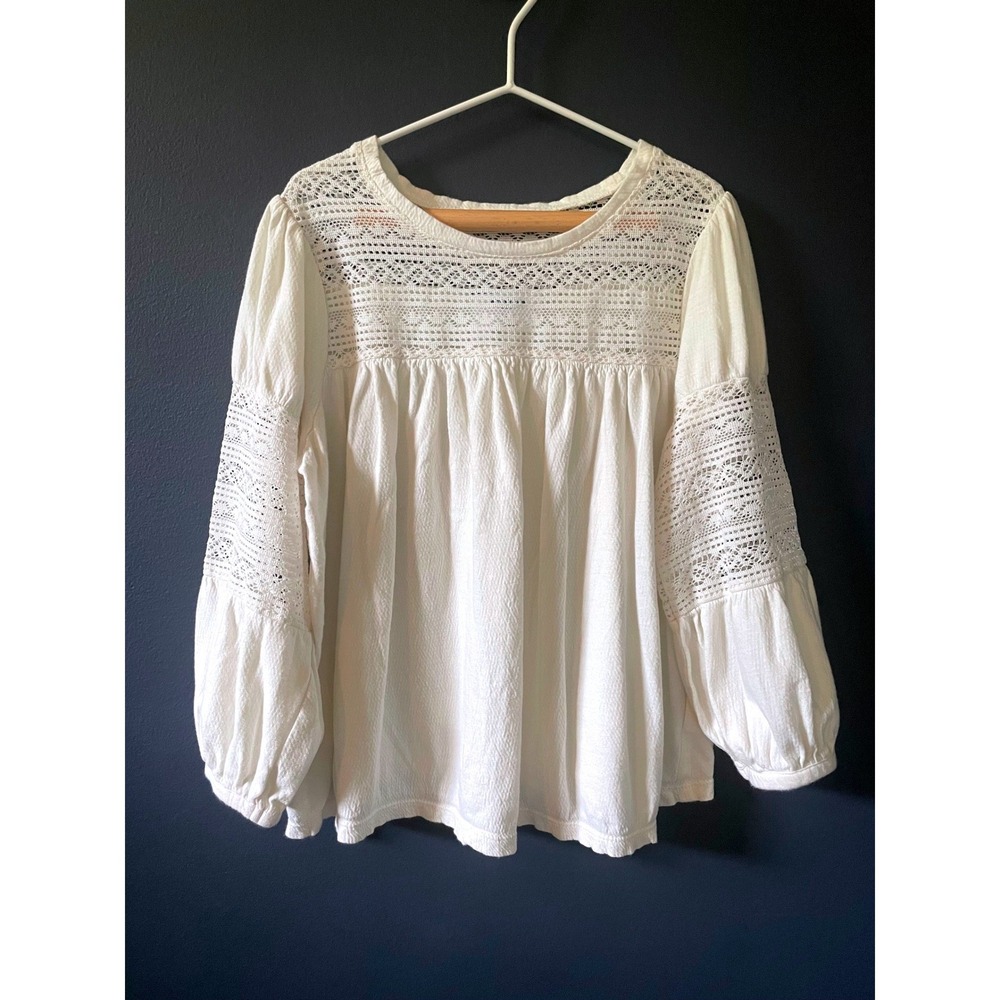 Old Navy Pinktuck Cotton Twill & Lace Creamy White Top, Bracelet Sleeve, L 10-12